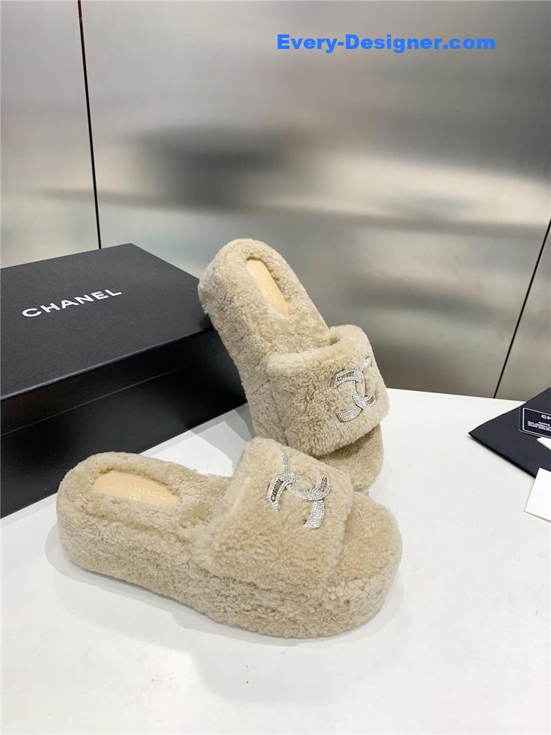 Chanel double c rhinestone thick sole fur slippers