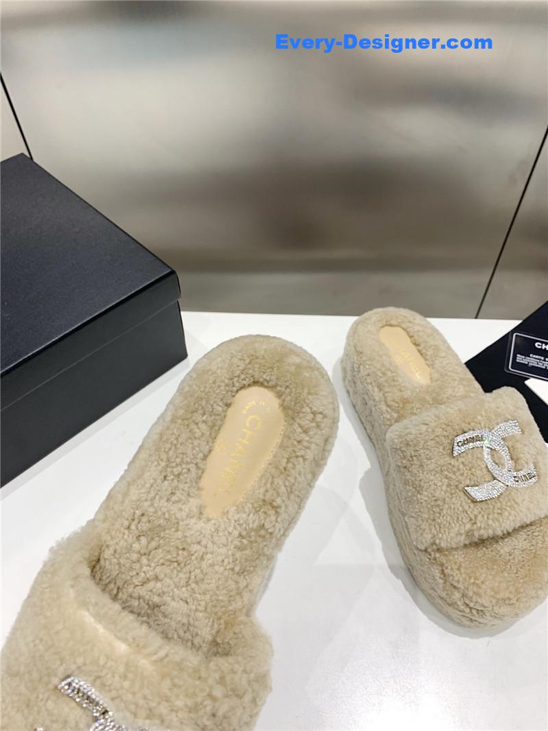 Chanel double c rhinestone thick sole fur slippers