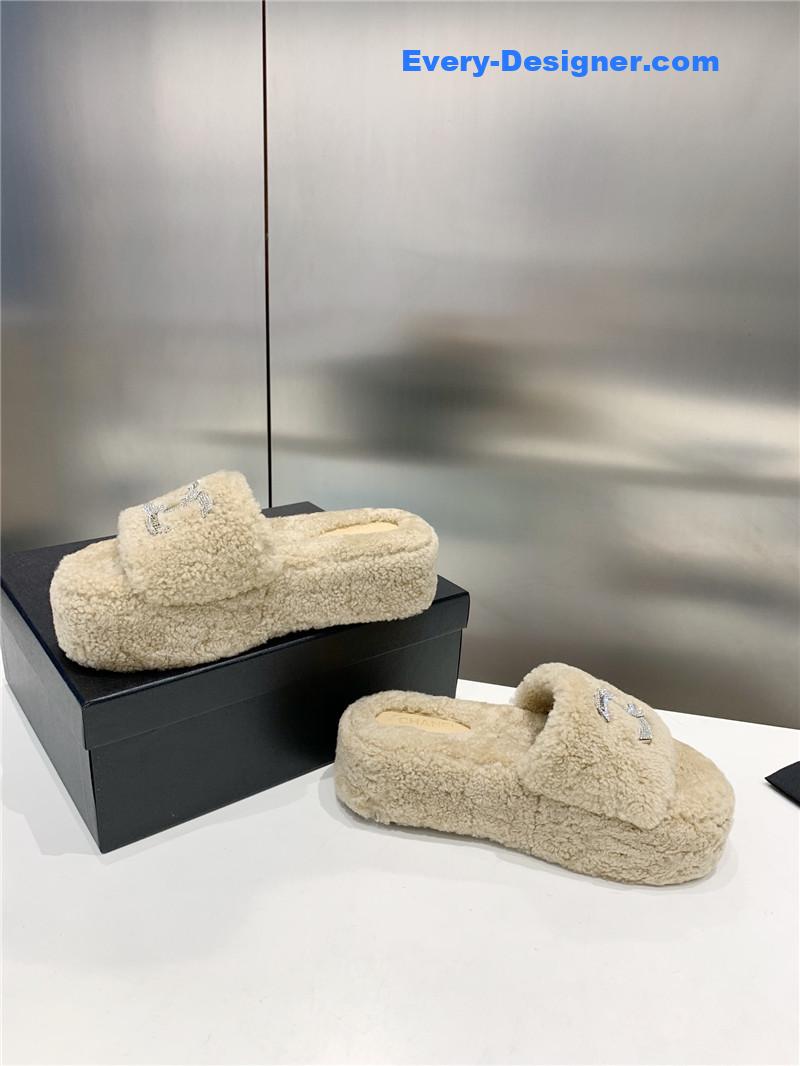 Chanel double c rhinestone thick sole fur slippers