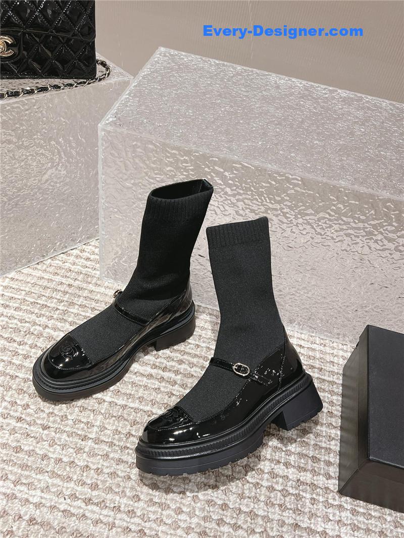 Chanel Front-Strap Two-Tone Black Ankle Boots