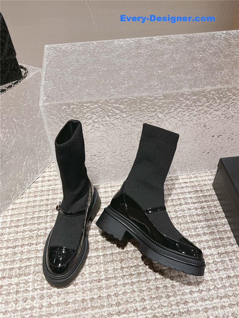 Ch**el front-strap two-tone black ankle boots