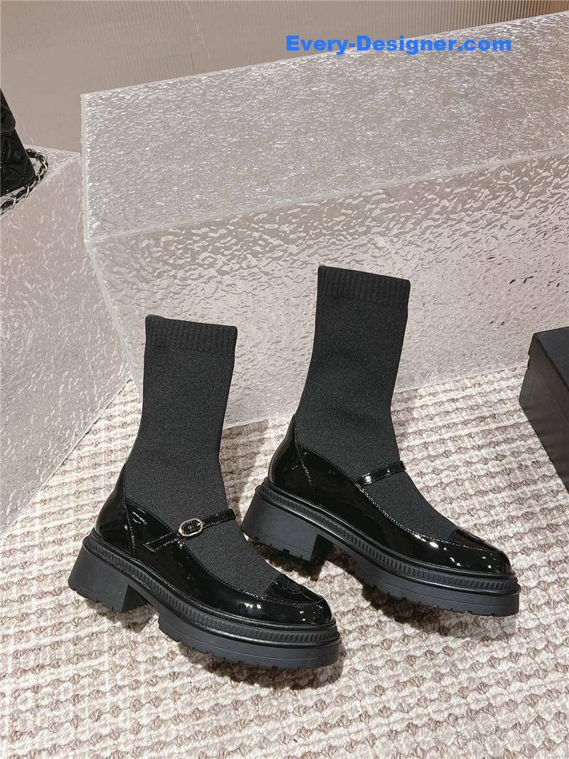 Ch**el front-strap two-tone black ankle boots