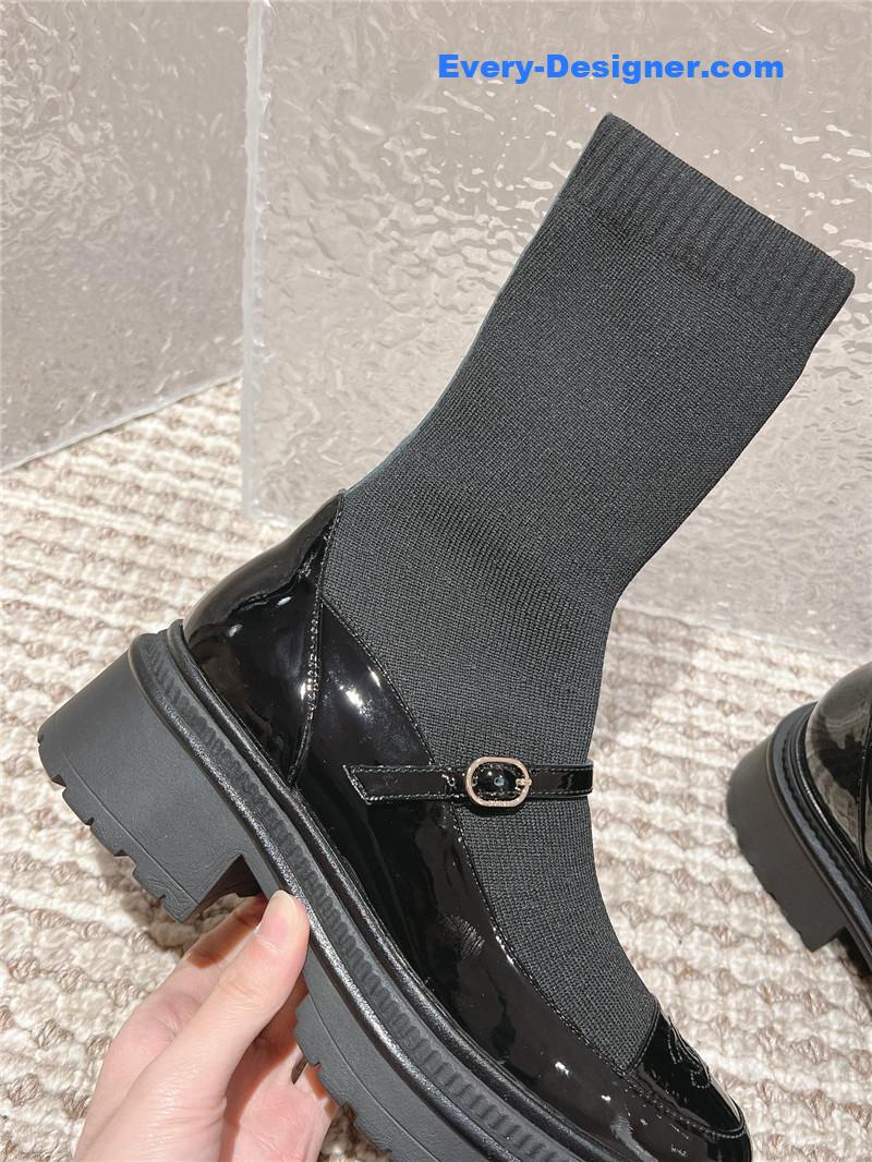 Ch**el front-strap two-tone black ankle boots