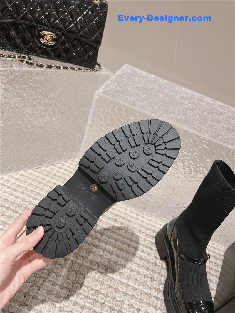 Ch**el front-strap two-tone black ankle boots