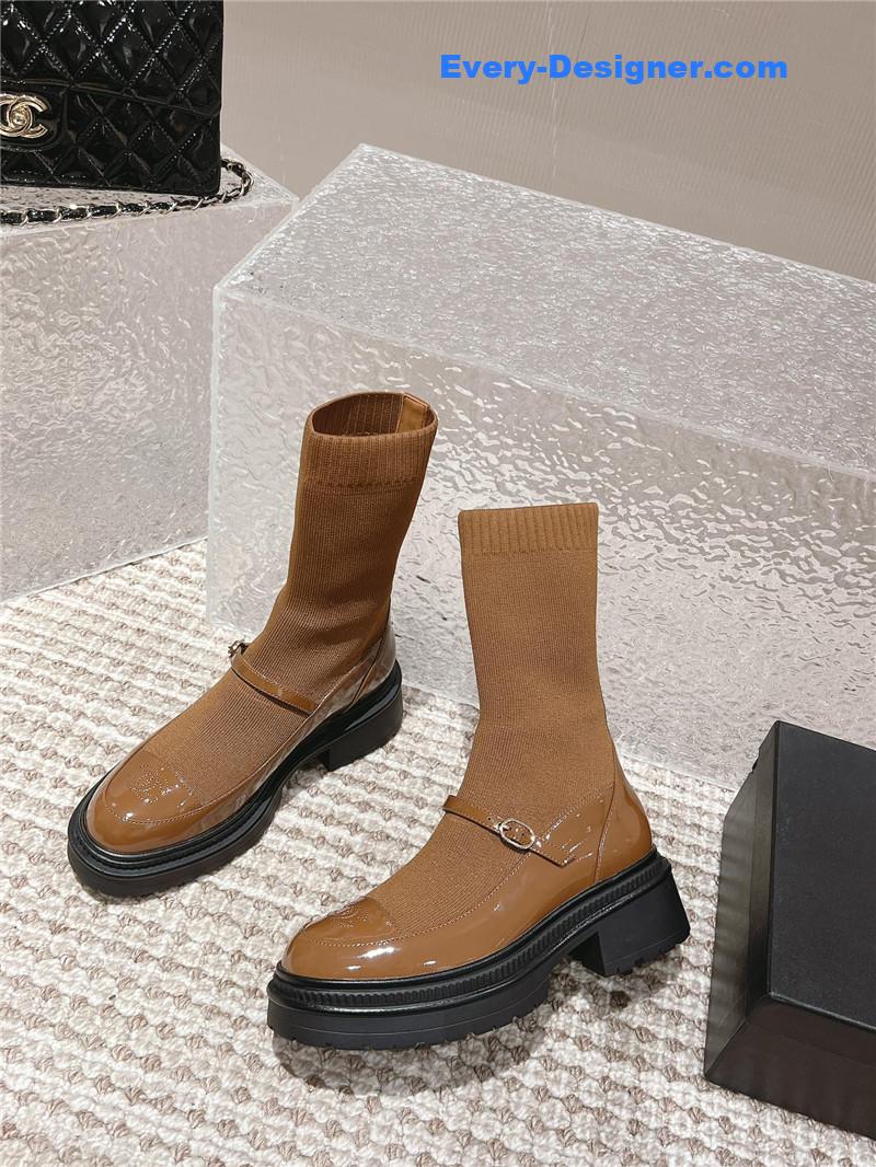 Chanel Front-Strap Two-Tone Brown Ankle Boots