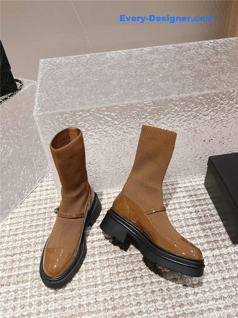 Ch**el front-strap two-tone brown ankle boots