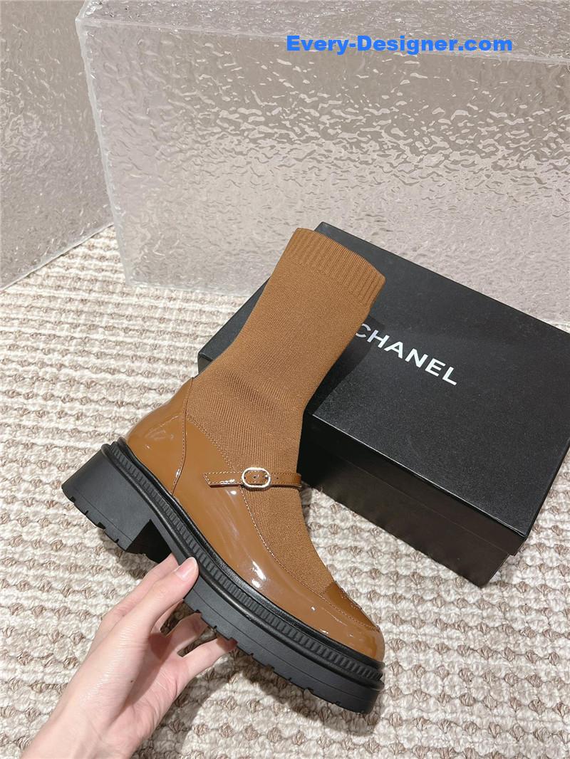 Ch**el front-strap two-tone brown ankle boots
