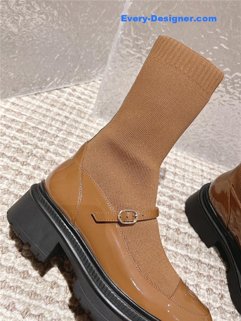 Ch**el front-strap two-tone brown ankle boots