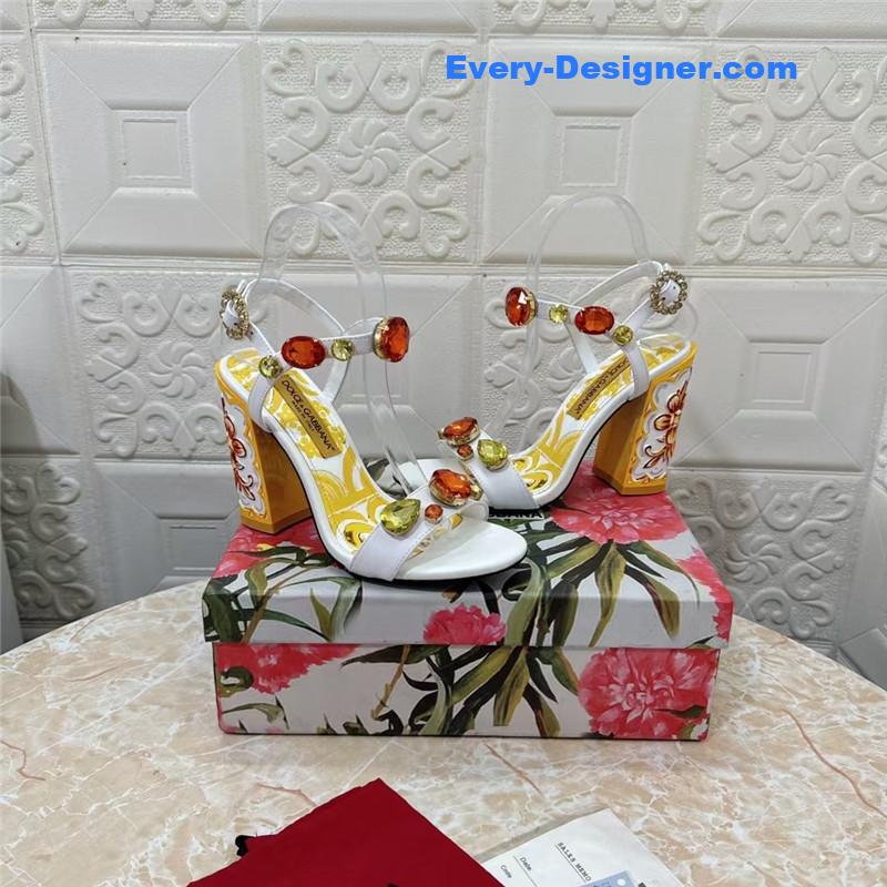 DG Stone Embellished White Patent Painted Heel Slingbacks