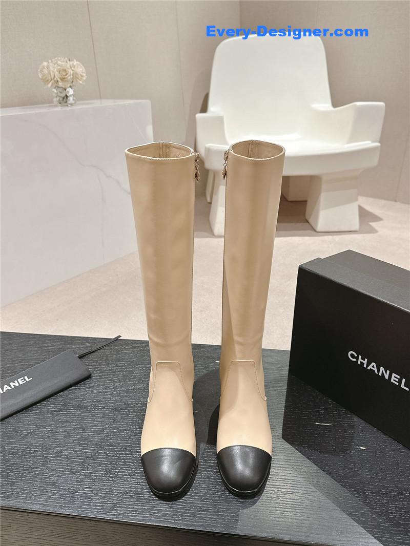 Ch**el beige calfskin knee-high boots for women