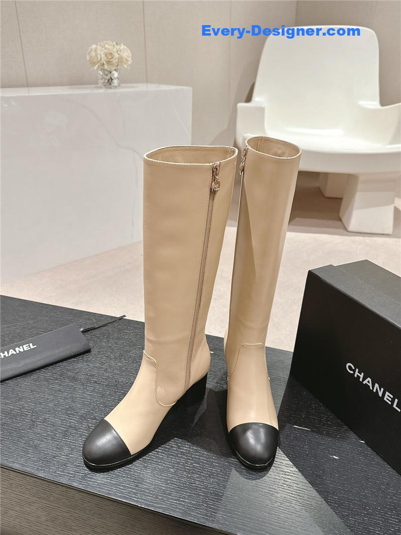 Ch**el beige calfskin knee-high boots for women