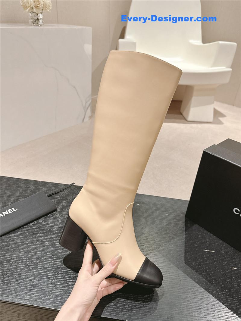 Ch**el beige calfskin knee-high boots for women