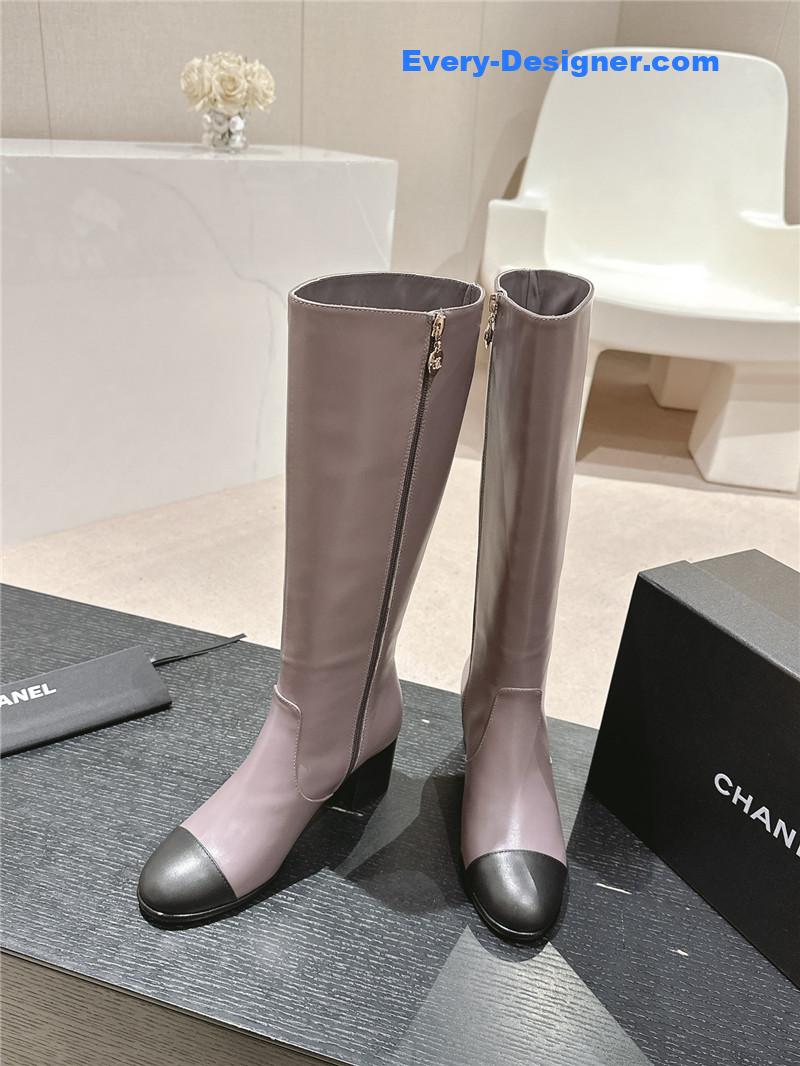 Ch**el purple calfskin knee-high boots for women