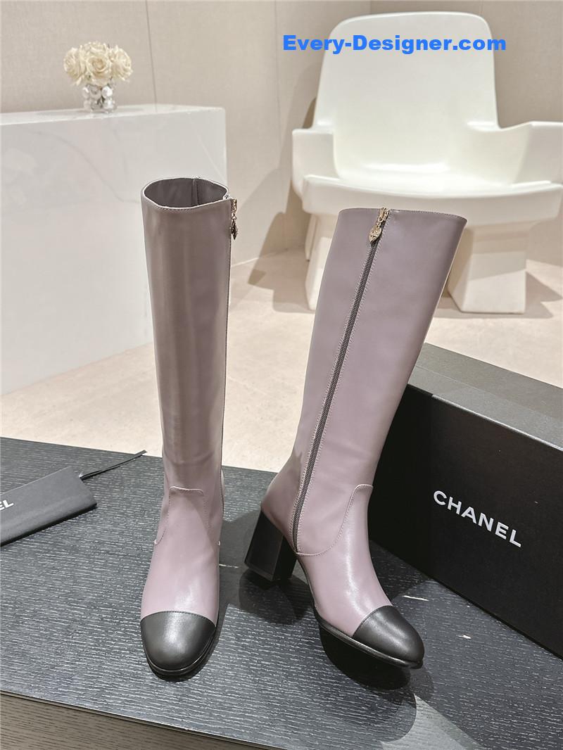 Ch**el purple calfskin knee-high boots for women