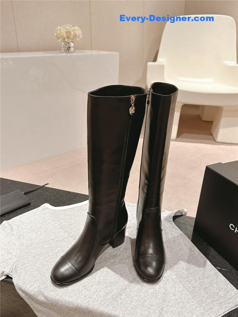 Ch**el black calfskin knee-high boots for women