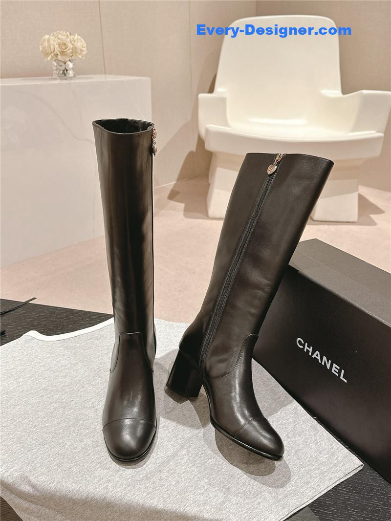 Ch**el black calfskin knee-high boots for women