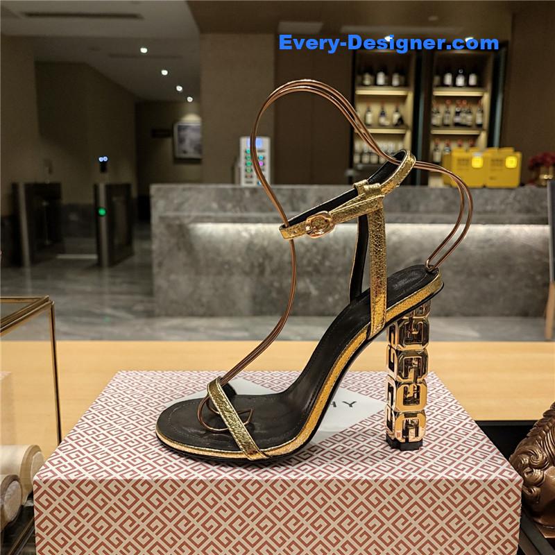 Givenchy G Cube Heeled Sandals Black and Gold Lambskin
