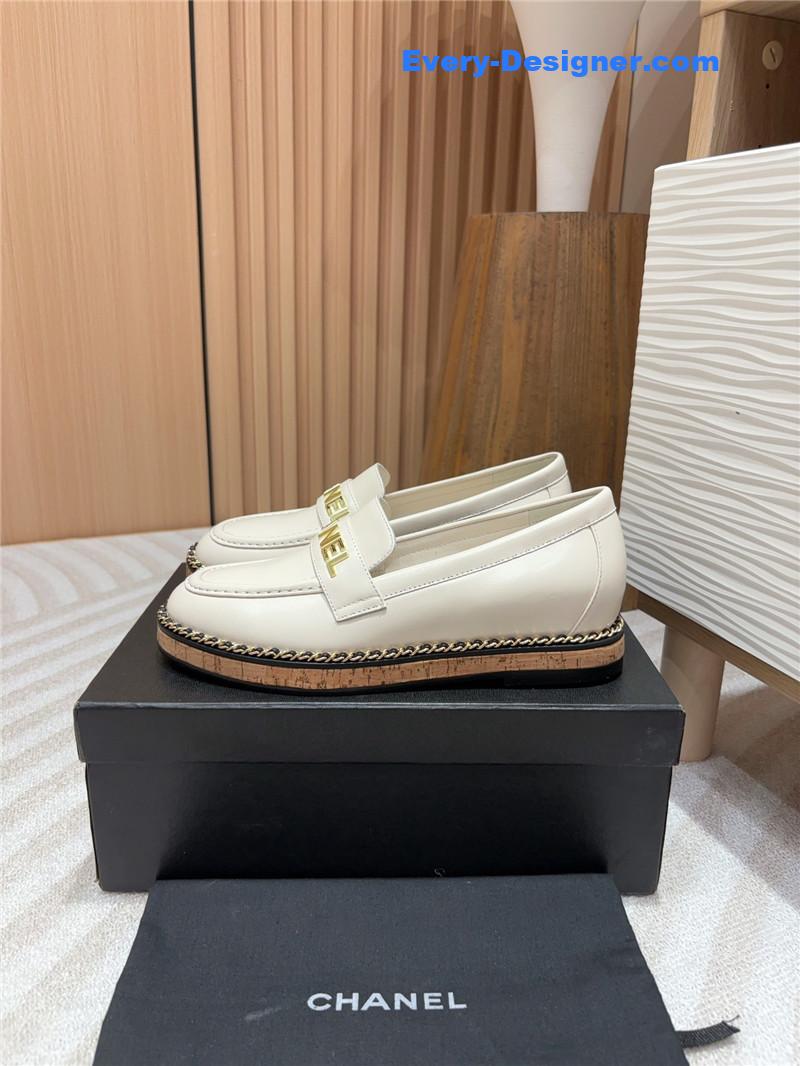 Ch**el metal letter chain trim ivory calfskin loafers