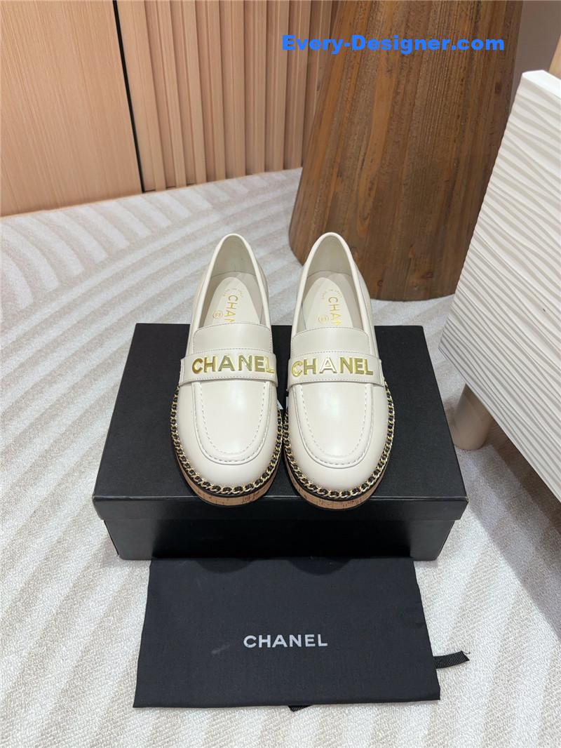 Ch**el metal letter chain trim ivory calfskin loafers