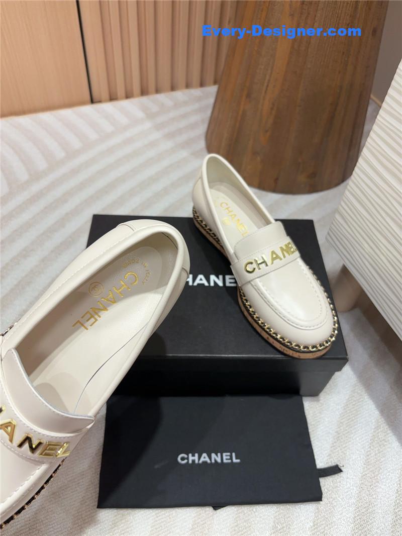 Ch**el metal letter chain trim ivory calfskin loafers