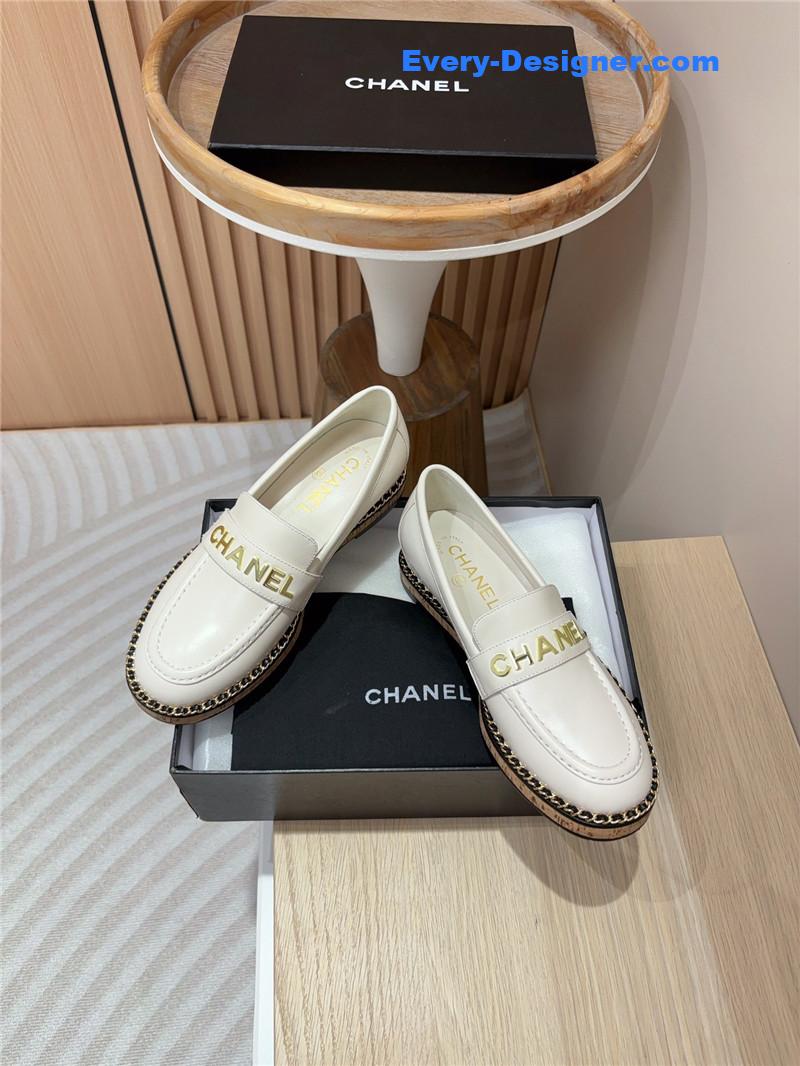 Ch**el metal letter chain trim ivory calfskin loafers