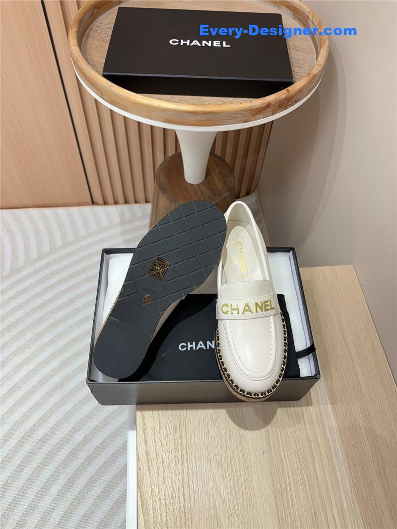 Ch**el metal letter chain trim ivory calfskin loafers