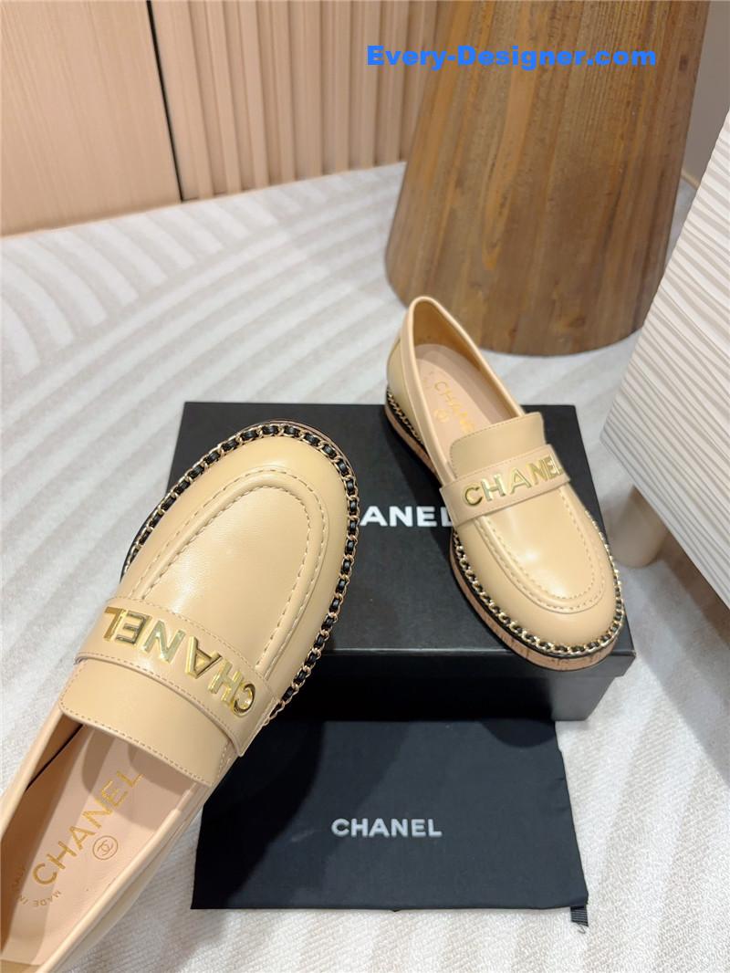 Ch**el metal letter chain trim beige calfskin loafers
