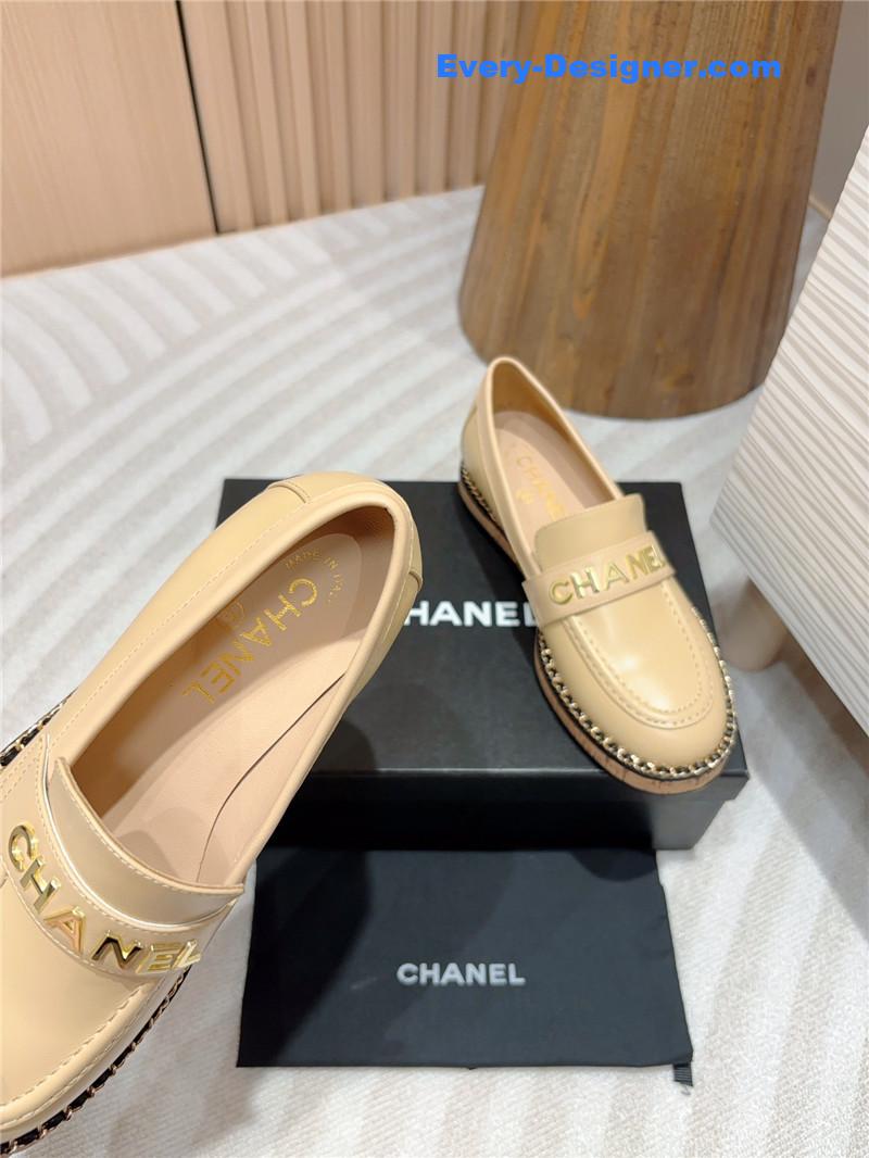 Ch**el metal letter chain trim beige calfskin loafers