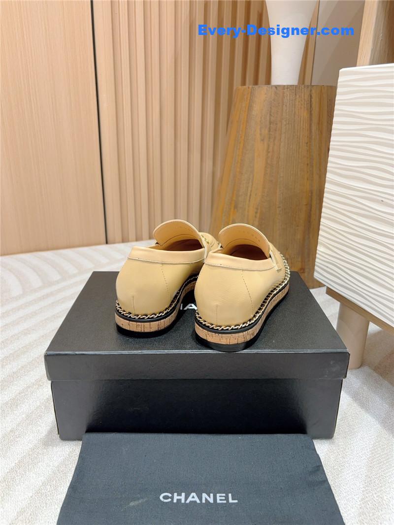 Ch**el metal letter chain trim beige calfskin loafers