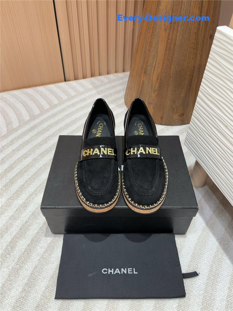 Ch**el metal letter chain trim black suede loafers
