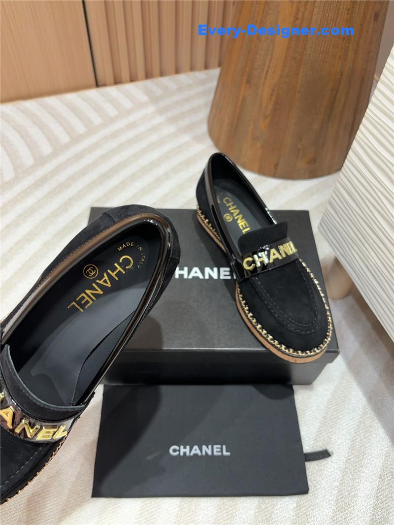 Ch**el metal letter chain trim black suede loafers