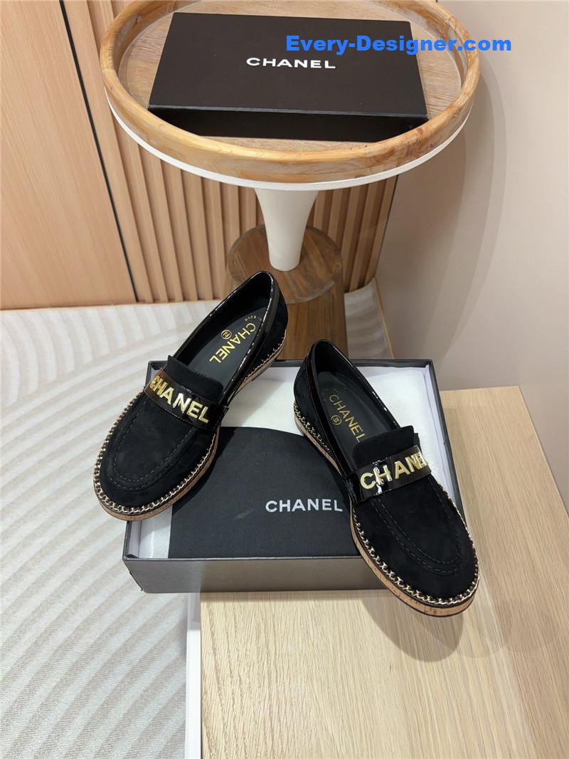 Ch**el metal letter chain trim black suede loafers