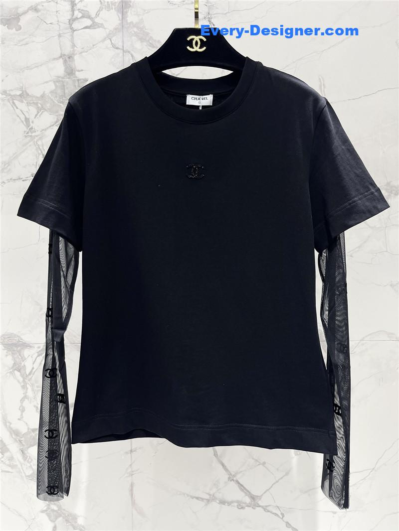 Ch**el mesh stitching long-sleeved straight t-shirt replicas clothes
