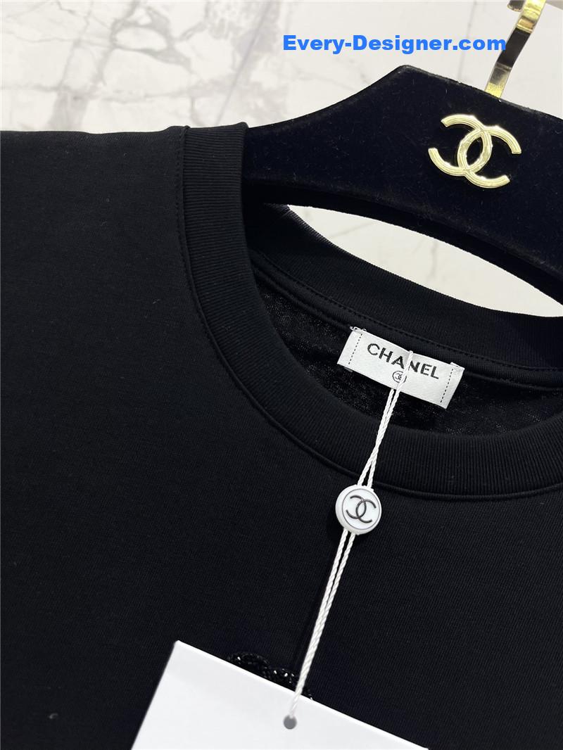 Ch**el mesh stitching long-sleeved straight t-shirt replicas clothes