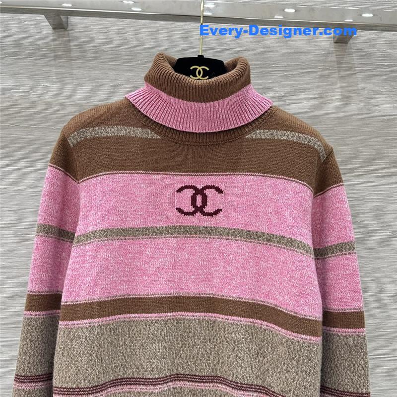 Ch**el striped turtleneck wool sweater pink