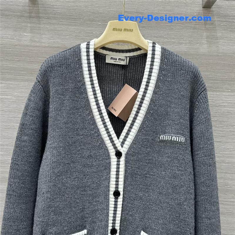Miu Miu Logo V-Neck Knit Cardigan Grey