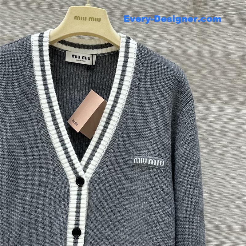 Miu Miu Logo V-Neck Knit Cardigan Grey