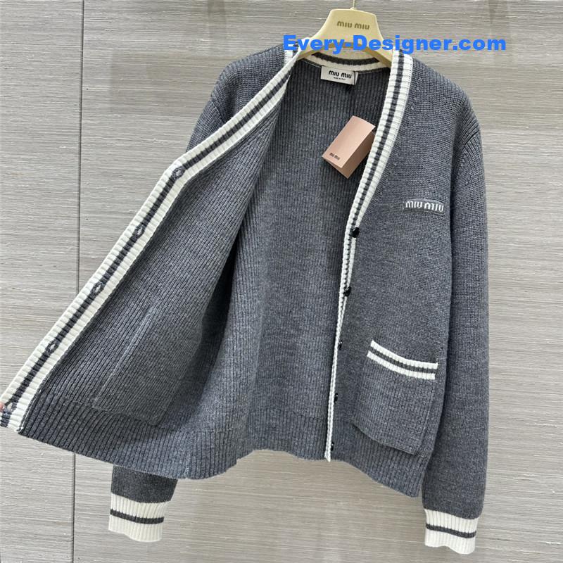 Miu Miu Logo V-Neck Knit Cardigan Grey