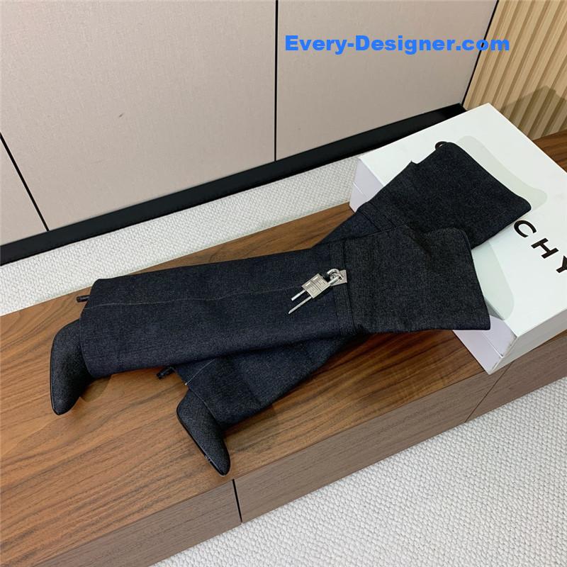 Givenchy Black Shark Lock Stiletto Over-the-Knee Denim Boots