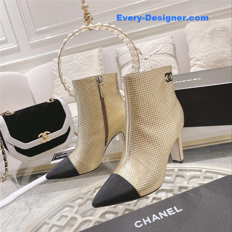 Ch**el logo gold pointed heel ankle boots