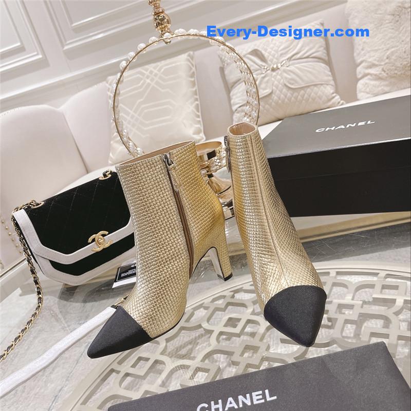 Ch**el logo gold pointed heel ankle boots