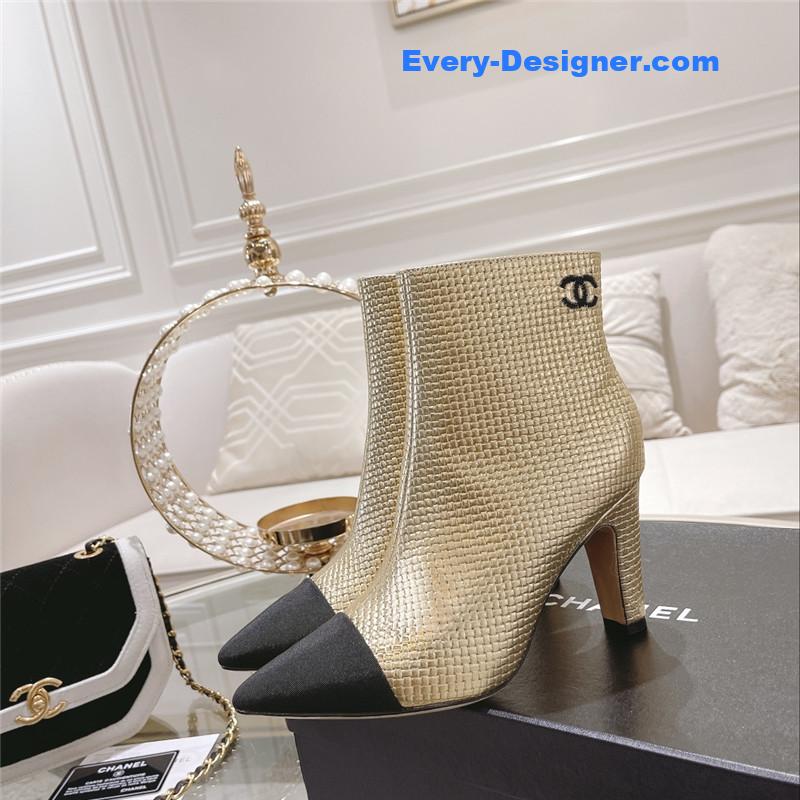 Ch**el logo gold pointed heel ankle boots