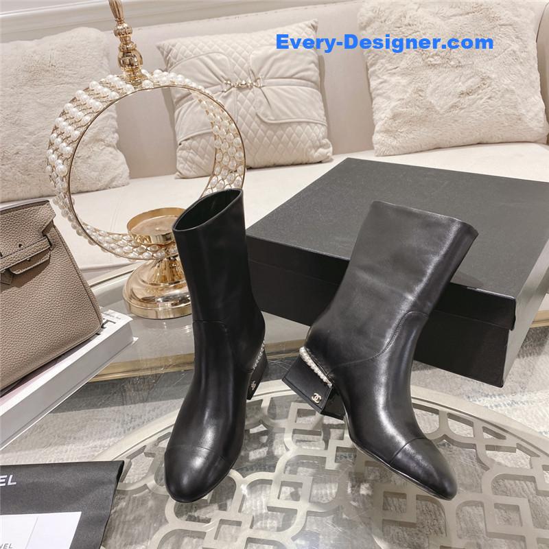 Ch**el black round toe calfskin ankle boots