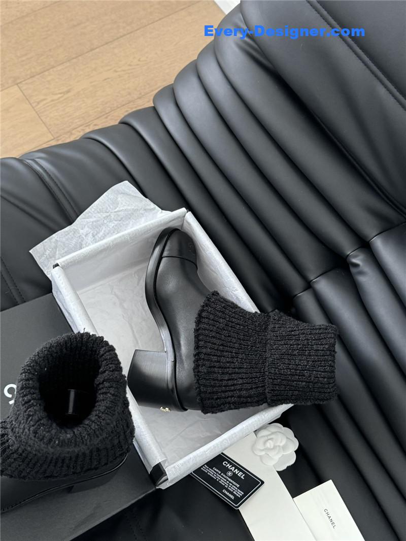 Ch**el black calfskin sock ankle boots