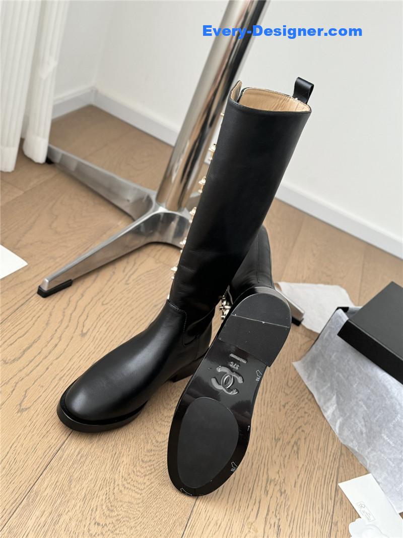 Ch**el black calfskin high boots for women