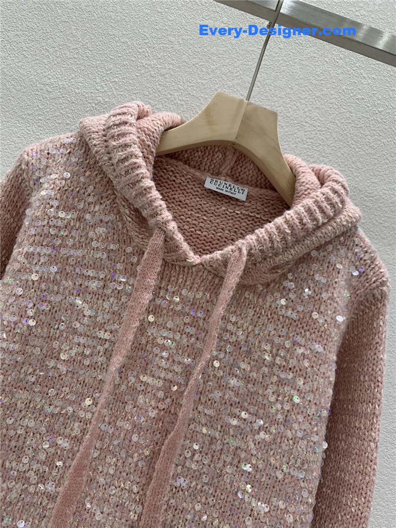 BC Sequined Knit Hooded Sweater Pink