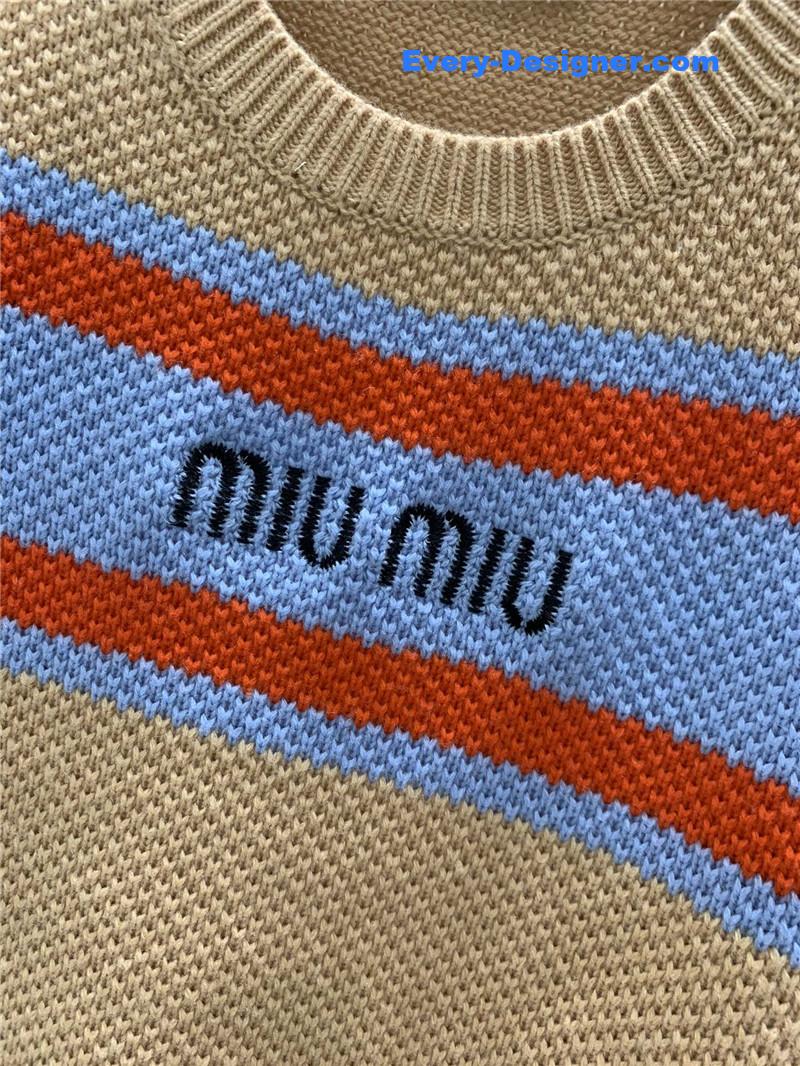 Miu Miu Logo Contrast Knit Sweater in Brown
