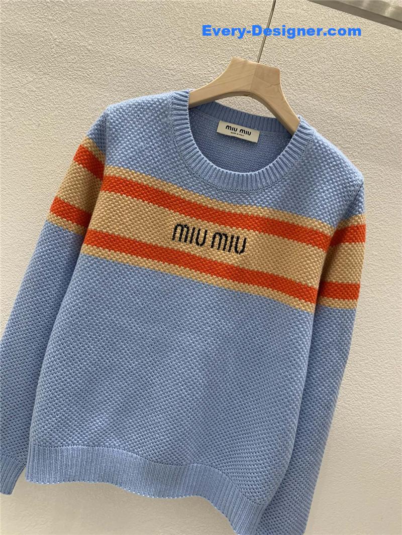 Miu Miu Logo Contrast Knit Sweater in Blue