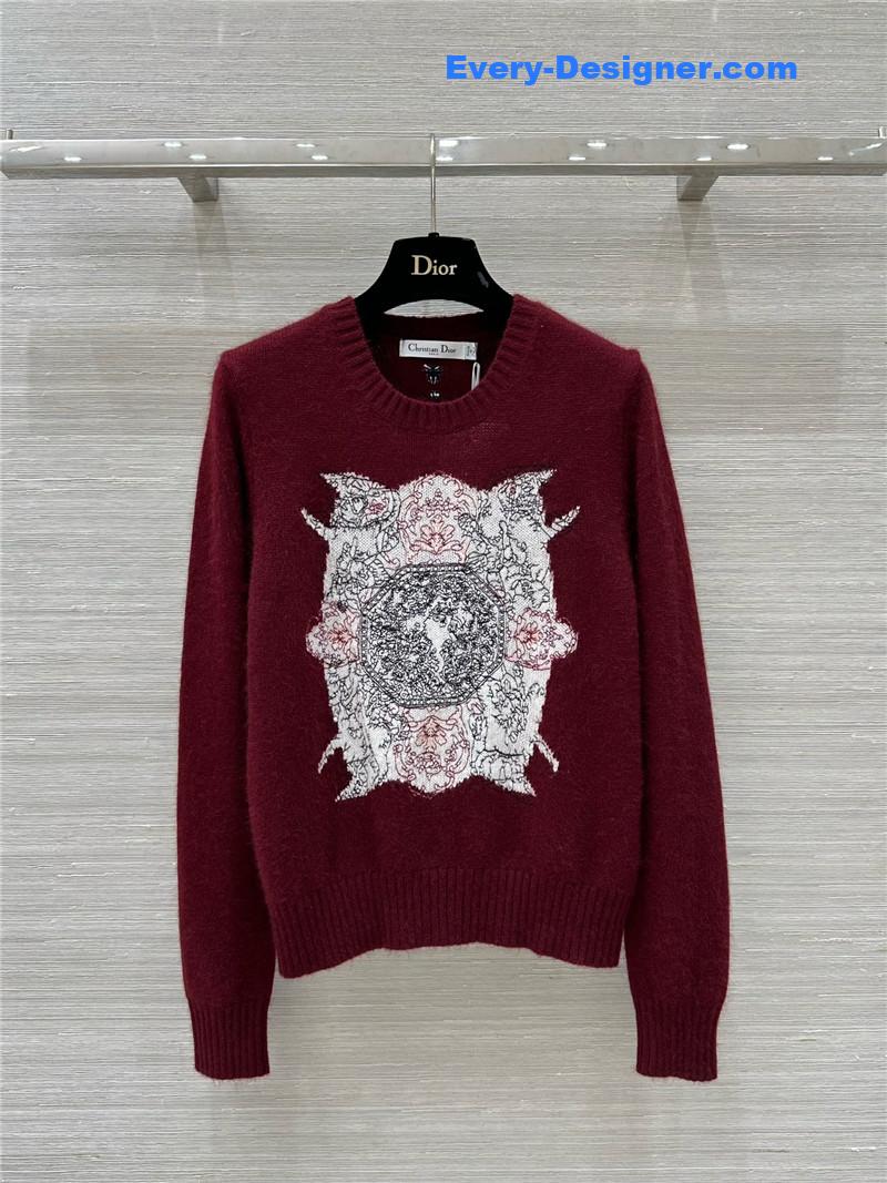 Dior Embroidered Wool Sweater Red