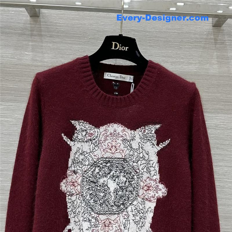 Dior Embroidered Wool Sweater Red